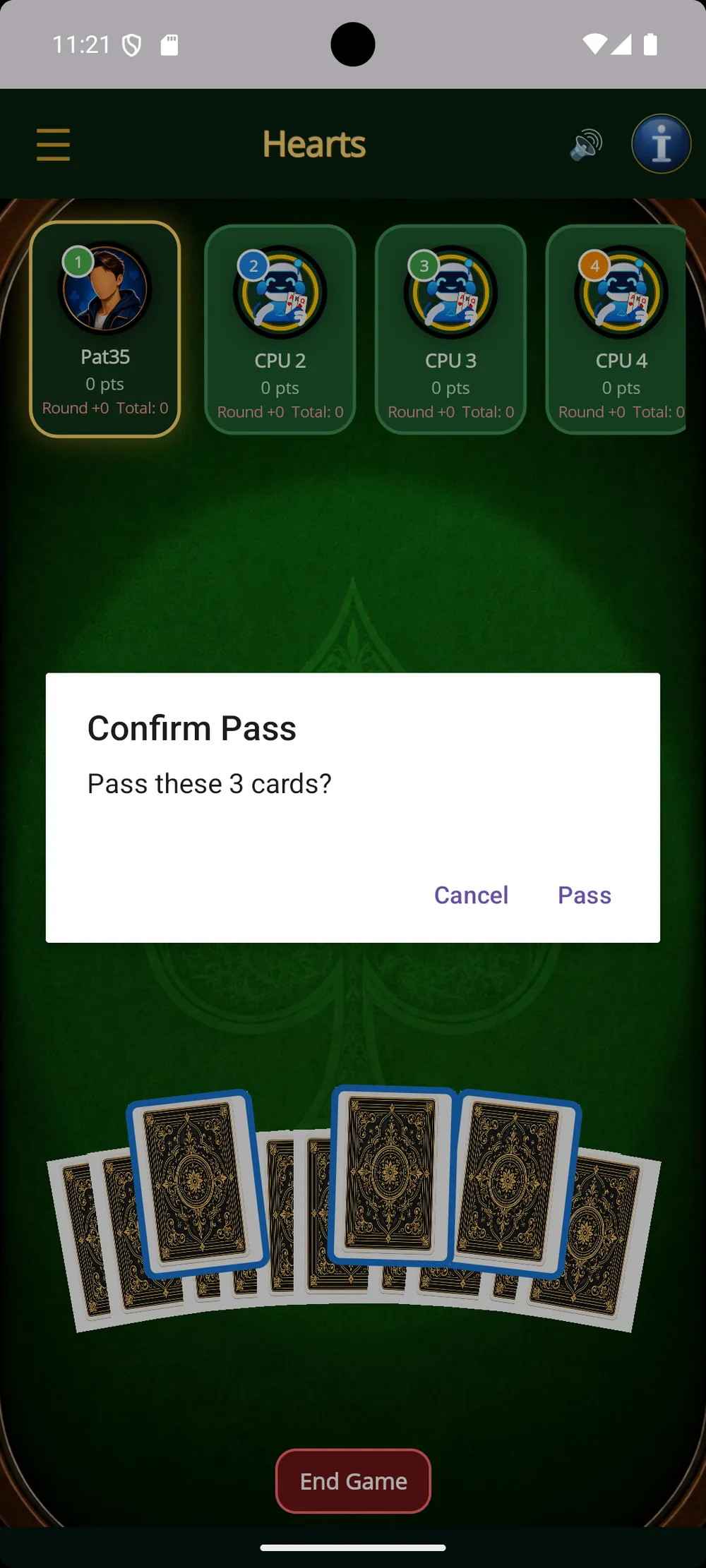 Hearts — Pass three cards