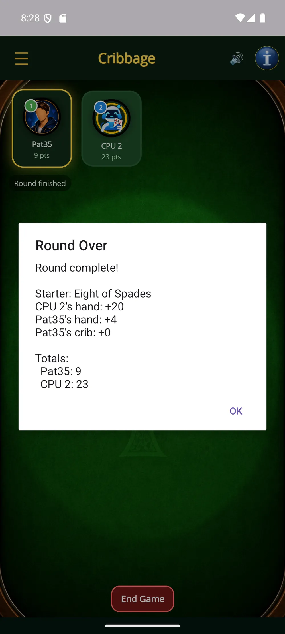 Cribbage — Round summary