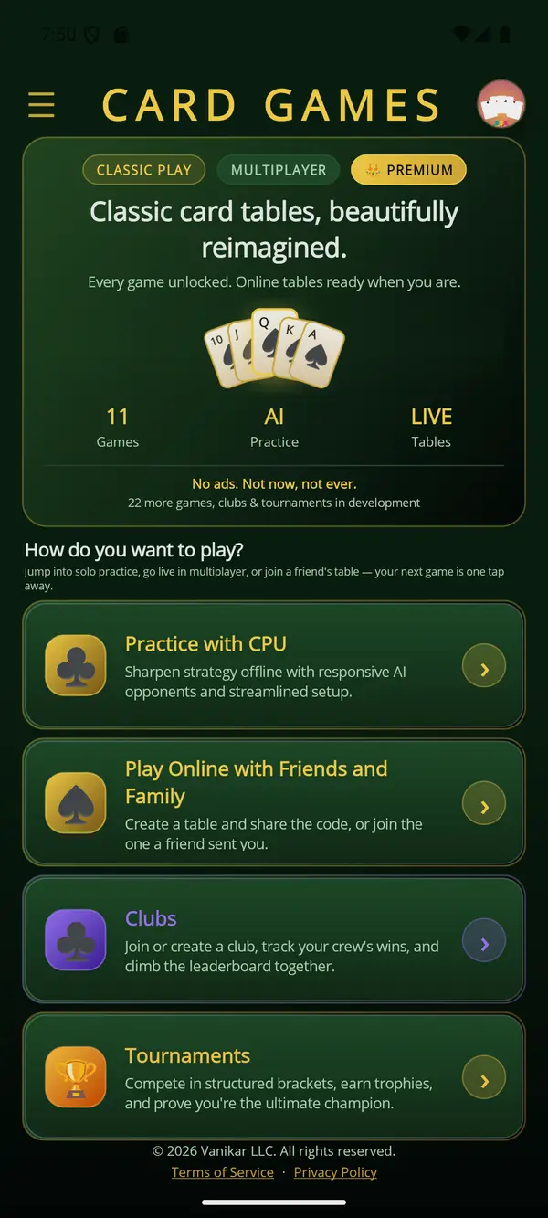 Card Games app home screen