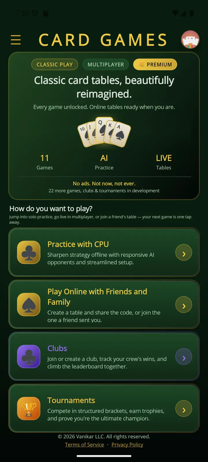 Card Games app — Home
