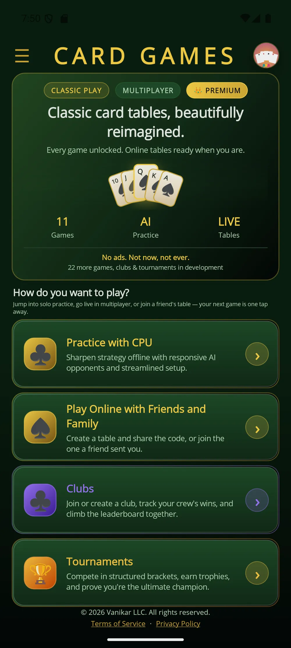 Card Games app — Home