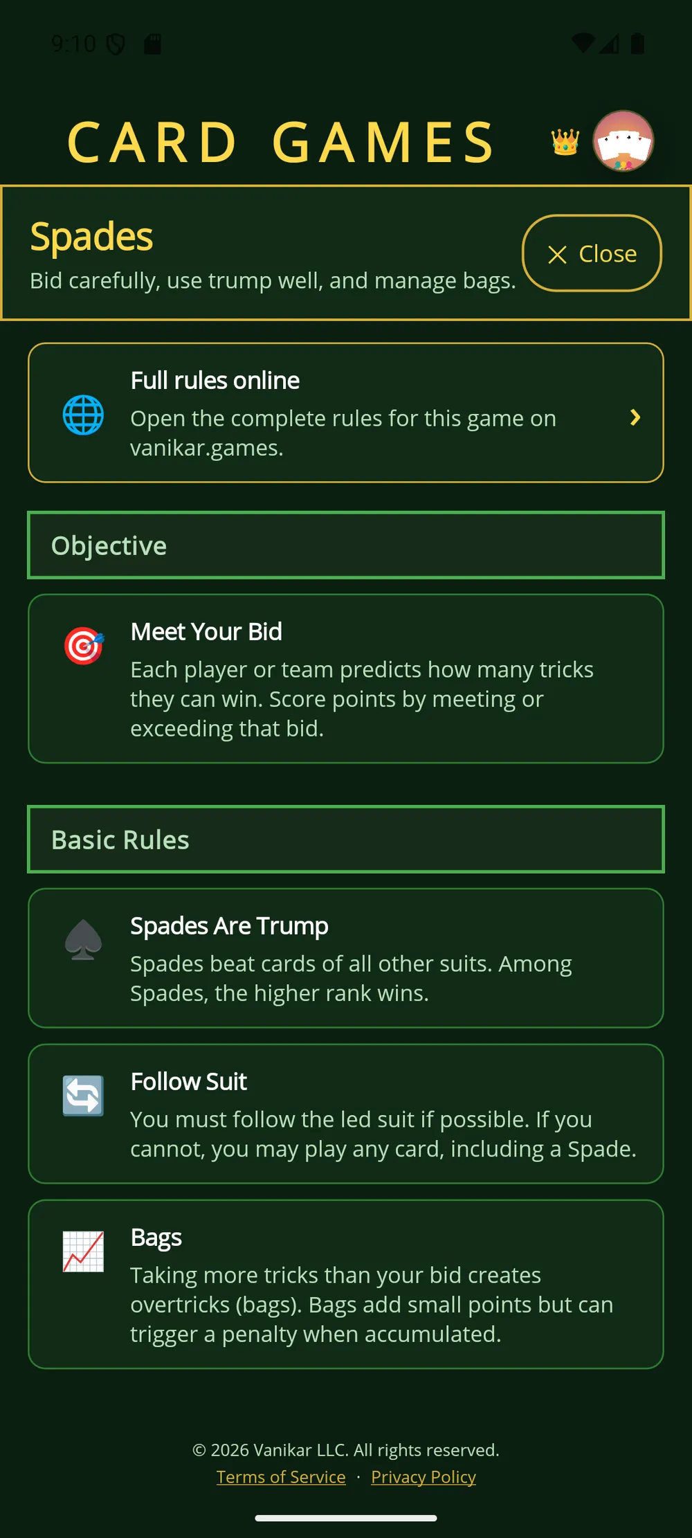 Card Games app — Rules at the table