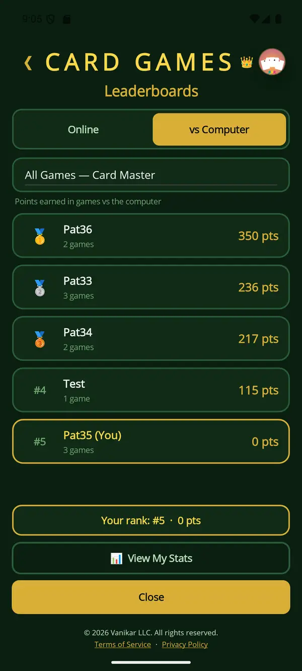 Card Games app — Leaderboards