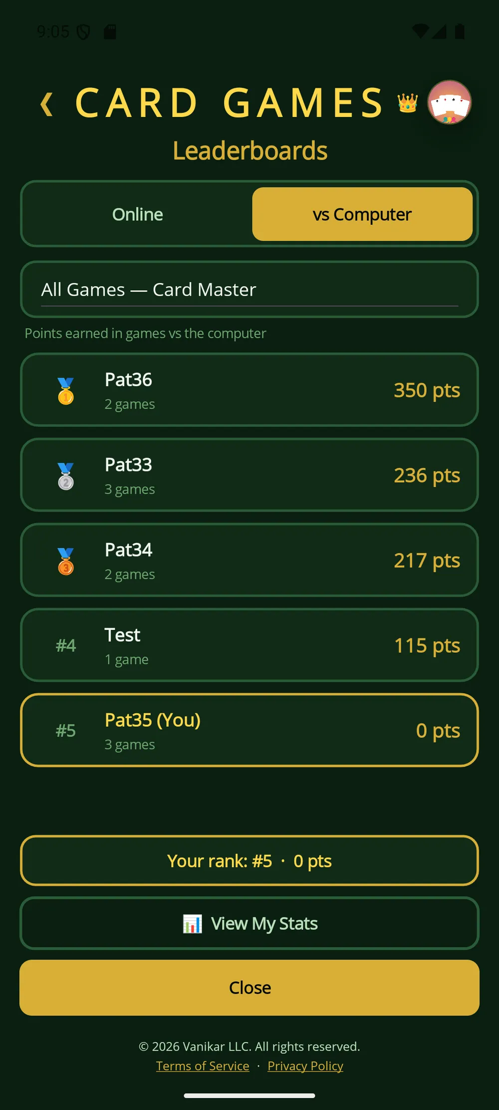 Card Games app — Leaderboards