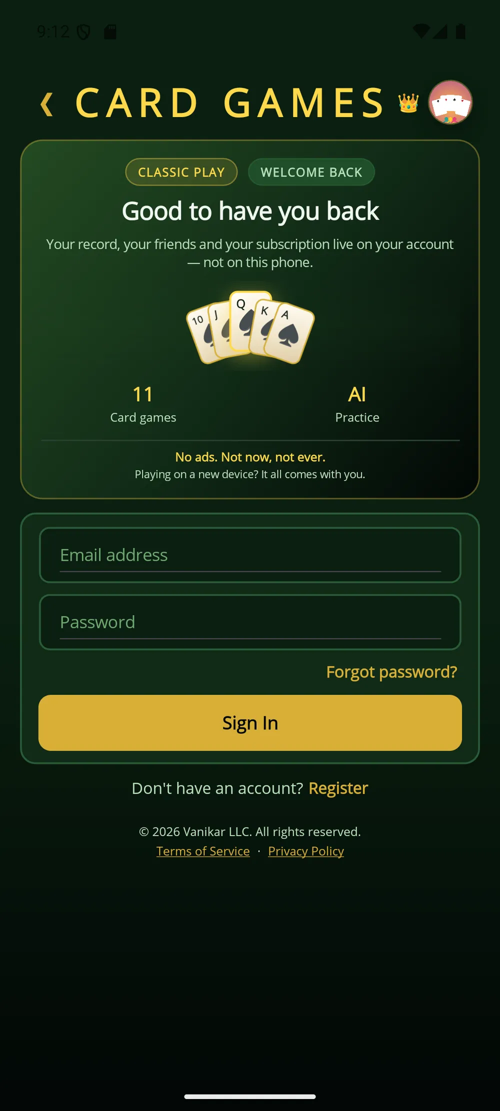 Card Games app — Sign in