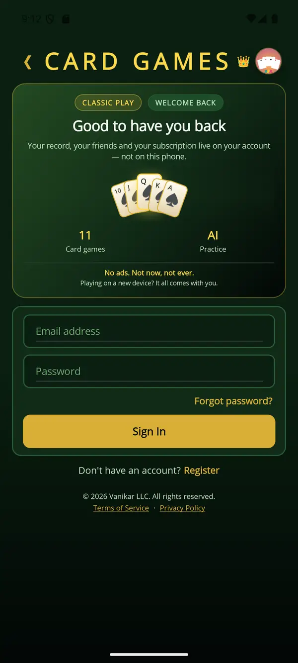 Card Games app — Sign in