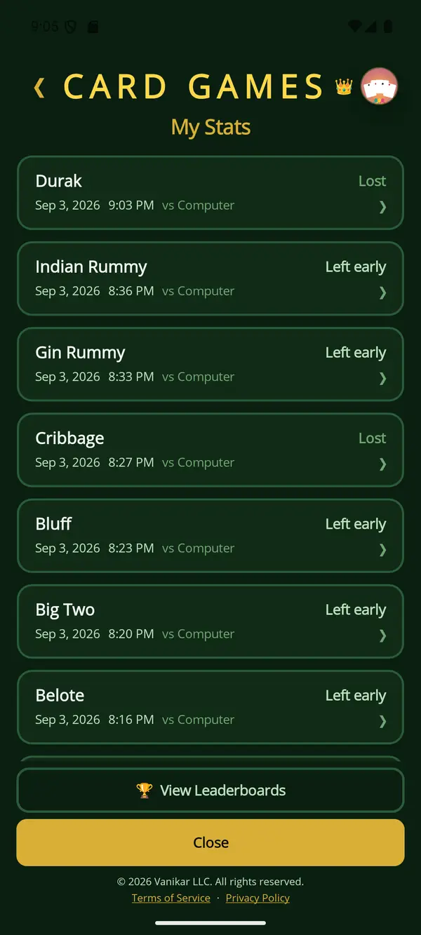 Card Games app — Your match history