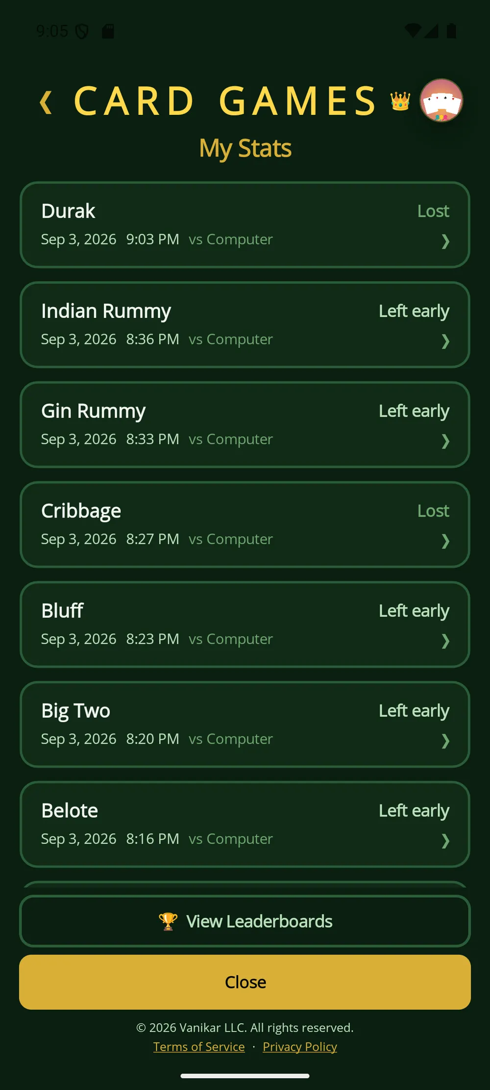 Card Games app — Your match history