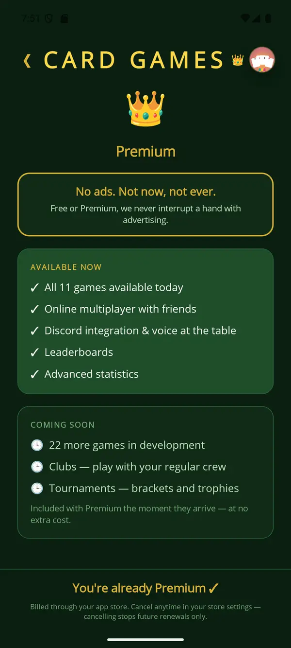 Card Games app — What Premium unlocks