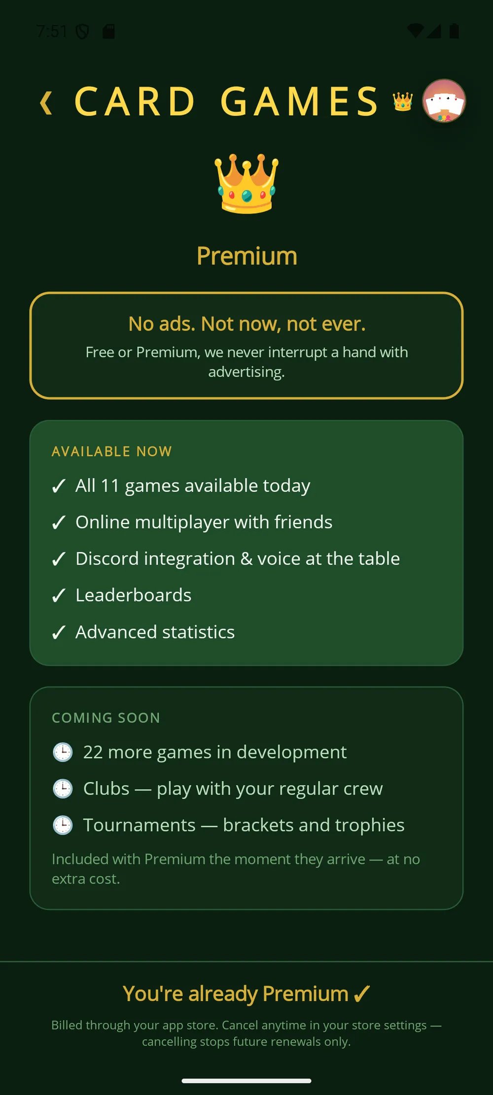 Card Games app — What Premium unlocks