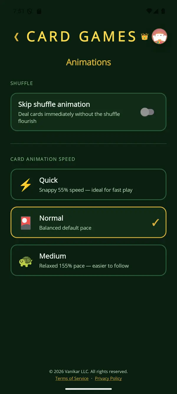 Card Games app — Animations