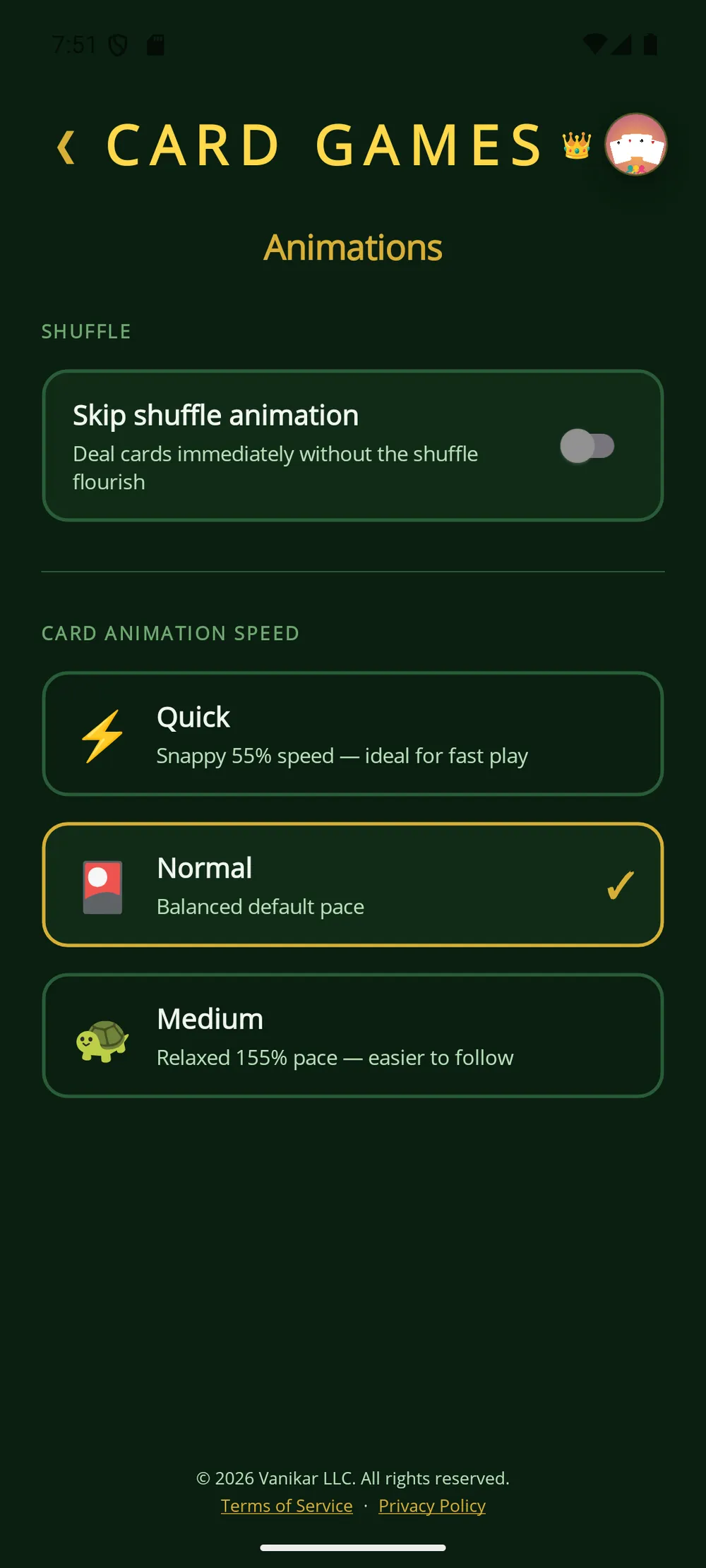 Card Games app — Animations