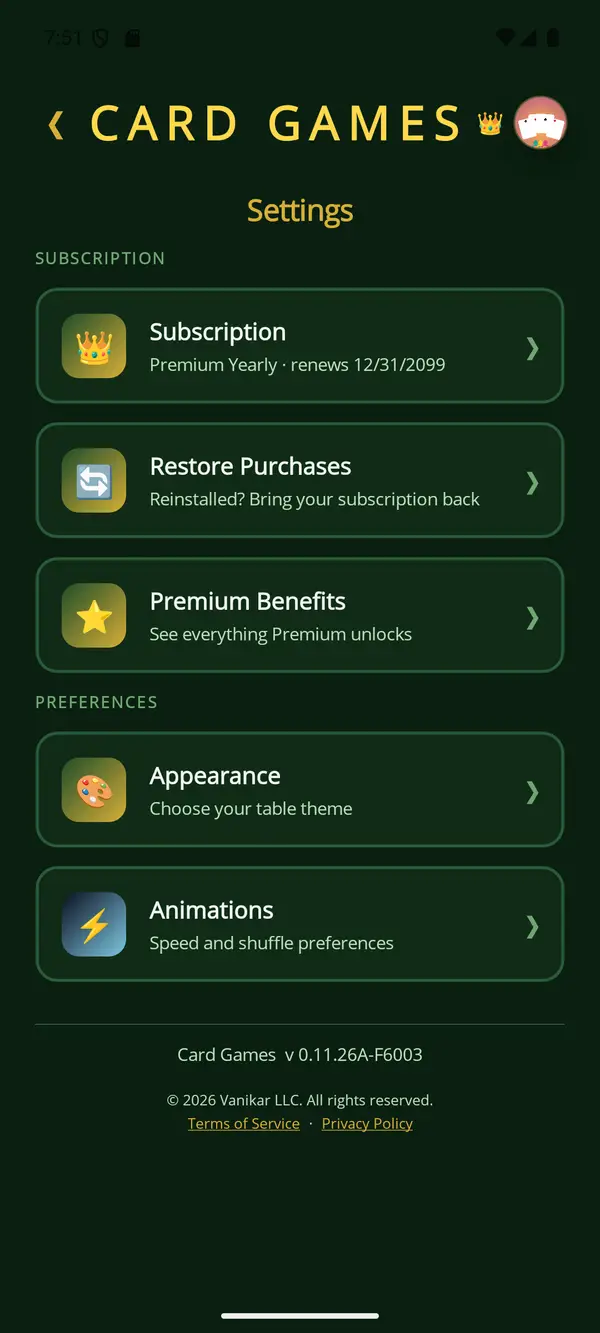 Card Games app — Settings