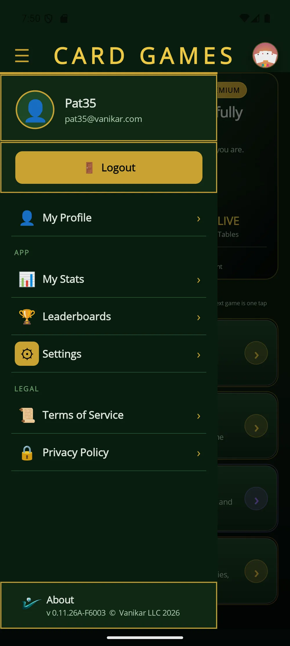Card Games app — Everything in reach