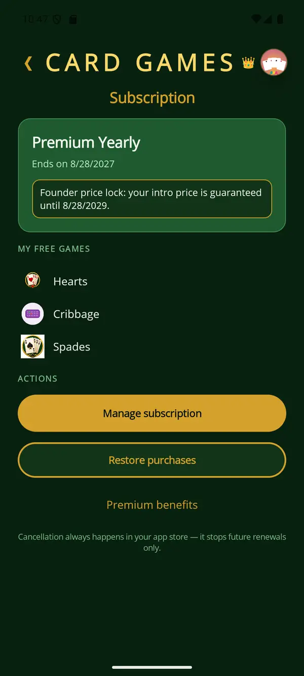 Card Games app — Your subscription